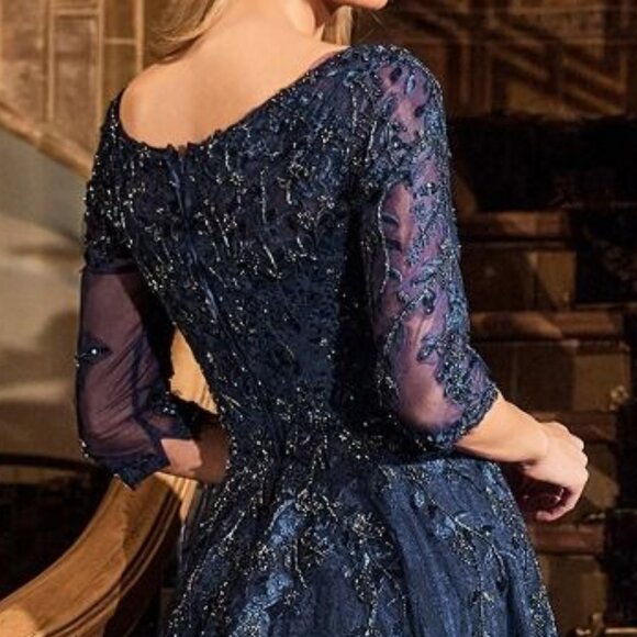 New Evening Long Tulle Ball Dress w/ 3/4 Sleeves & Scoop Neckline CD CK2401 - Picture 8 of 9